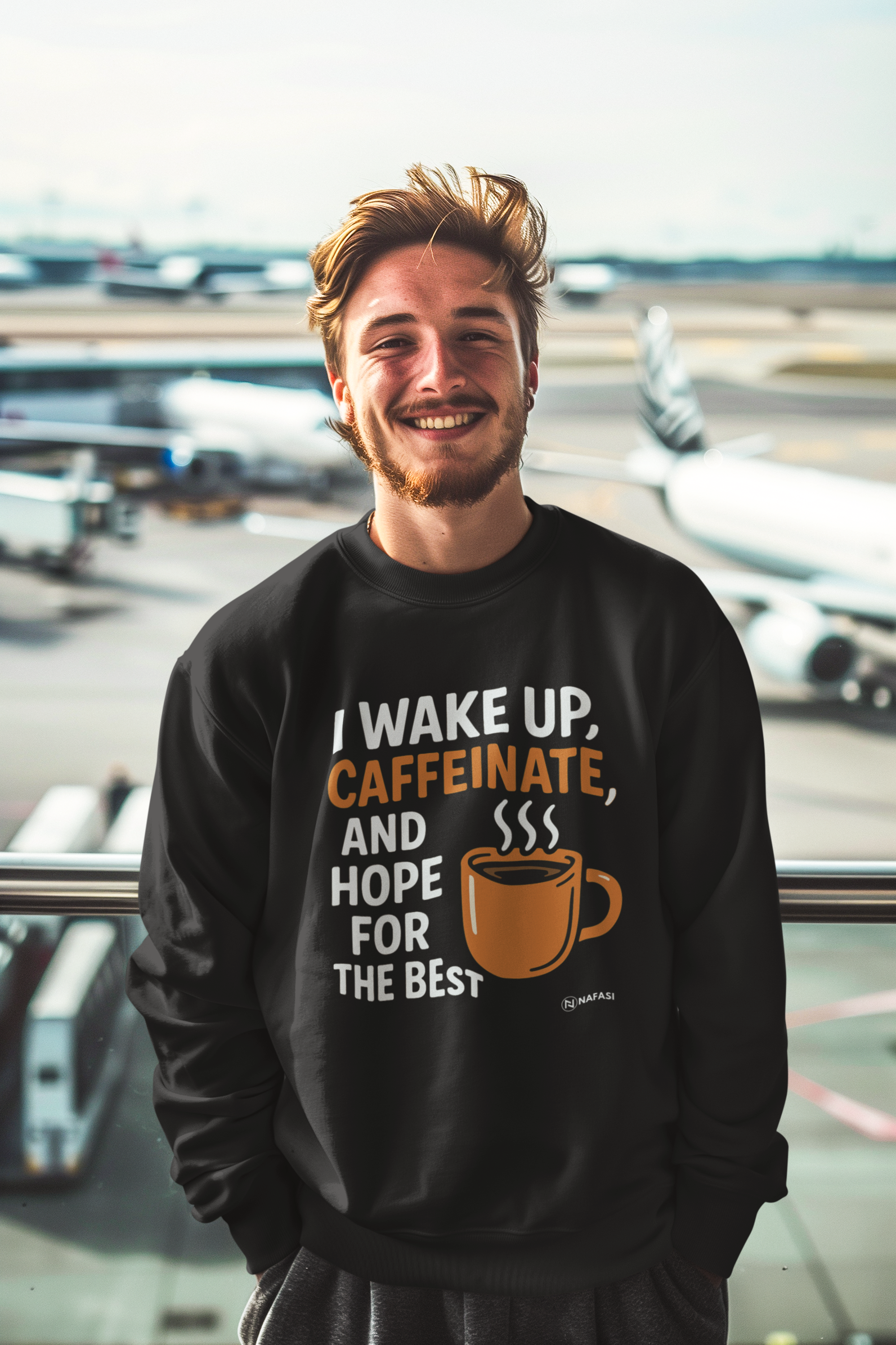 Coffee Lover's Crewneck Sweatshirt - "I Wake Up, Caffeinate, and Hope for the Best"